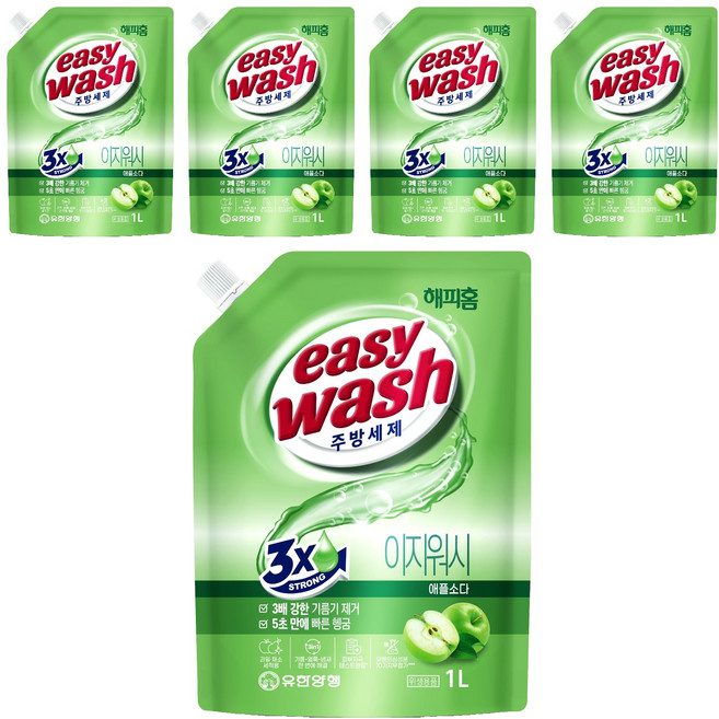 해피홈 주방세제 이지워시 애플소다 리필, 1L, 5개