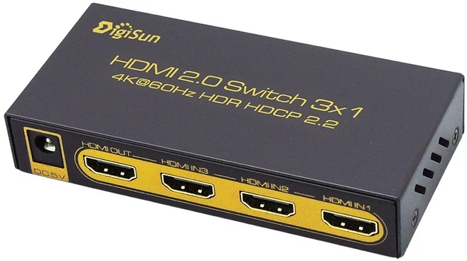DigiSun 得揚 4K HDMI 2.0 三進一出影音切換器 支援4K2K/60HZ 1080P 3D和HDR高解析, 黑色 + 黃色, 1個