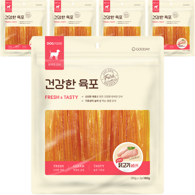 굿데이 강아지 건강한 육포, 소프트 닭고기 슬림스틱, 180g, 5개