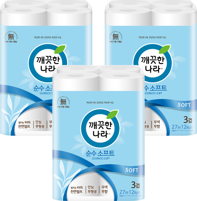 깨끗한나라 순수 소프트 3겹 화장지, 27m, 12롤, 3개