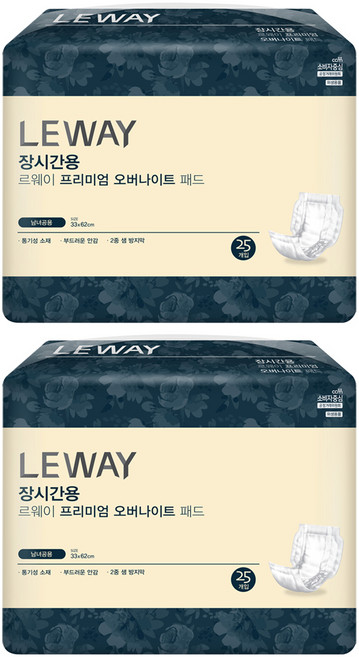 미래생활 남녀공용 르웨이 장시간용 프리미엄 오버나이트 패드형 성인기저귀, 25매입, 2개