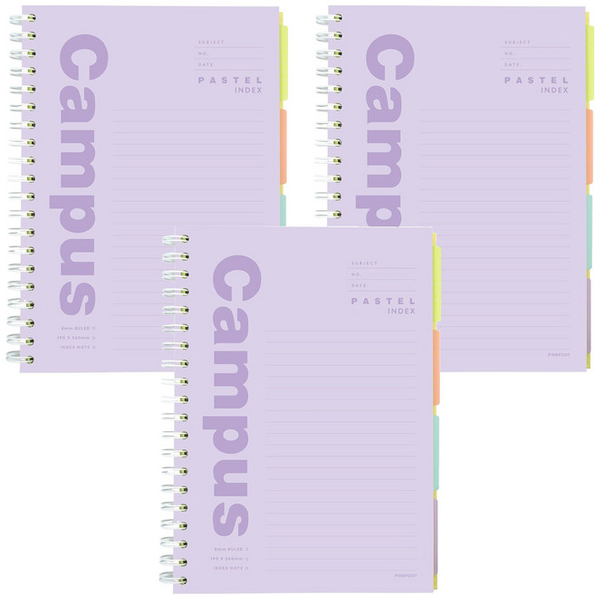 핑크풋 8000 파스텔 캠퍼스 인덱스 노트, 보라, 3개