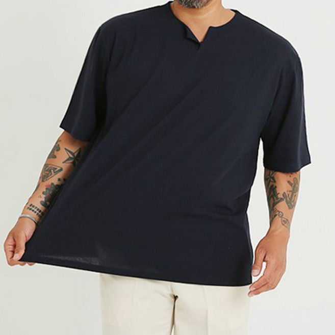 파이브라지 남성용 통기성 빅사이즈 오버핏 델라 브이 트임 반팔 티셔츠