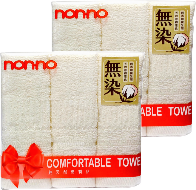 non-no 儂儂 天然無染紗毛巾 棉紗 3條, 原棉色, 2組