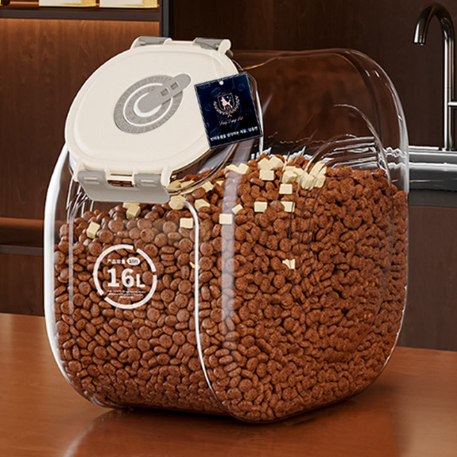 딩동펫 반려동물 강력 밀폐 다이얼 대용량 투명 사료통 대형, 그레이, 1개, 16L