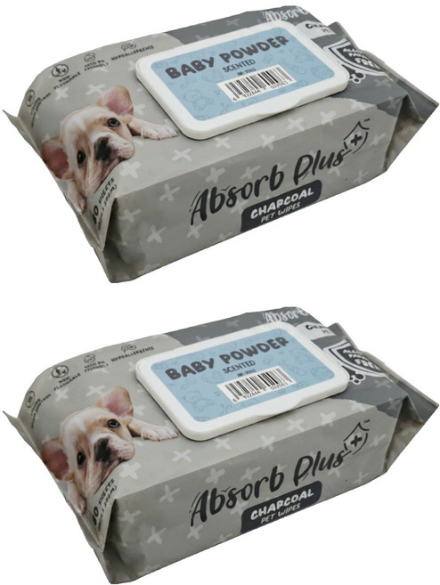 Absorb Plus 狠清爽寵物活性碳濕紙巾 爽身粉香, 80張, 2包