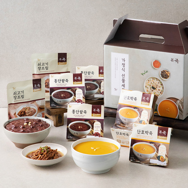 본죽 가정식 선물세트 통단팥죽 3팩 + 단호박죽 3팩 + 쇠고기 장조림 2팩 (냉장), 1.86kg, 1세트