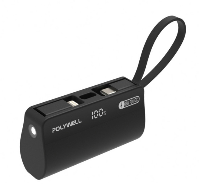 POLYWELL 寶利威爾 直插隨身行動電源 PB5000 5000mAh 18W快充 79 x 41.5 x 26mm 102g, PW15-T16-A006, 黑色