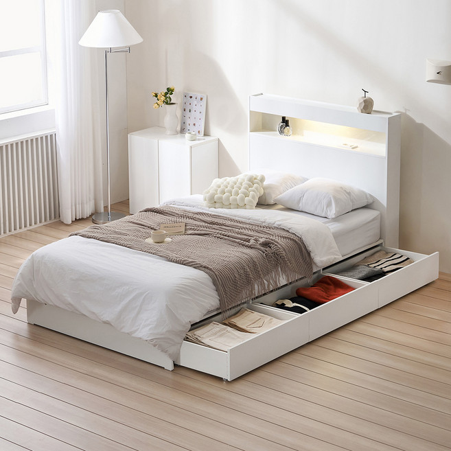 서울소호 트리플 LED 수납 침대프레임 + 파워 본넬 양면 매트리스 세트 방문설치, 화이트(프레임), 화이트(매트리스)