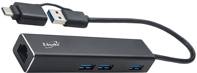 E-books H20 鋁製RJ45高速網卡 + 3孔USB 3.2集線器 + Type C雙接頭 1000 Mbps高速網路, 黑色, 1盒