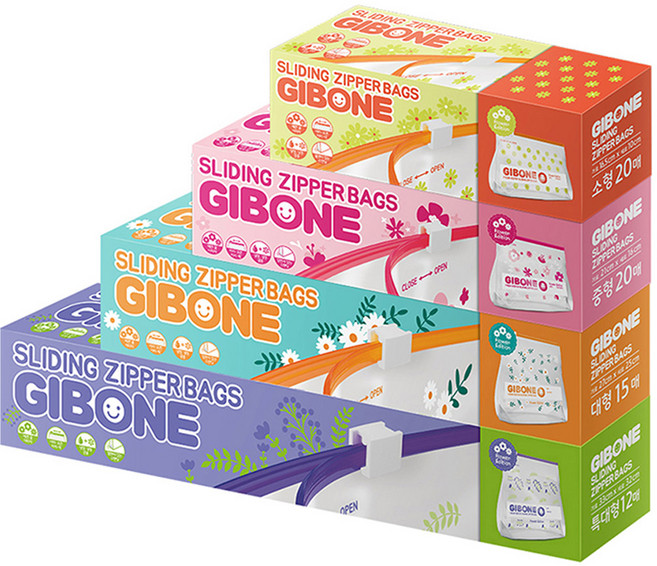 기본에 프레시키퍼 슬라이딩 지퍼백 특대형 12p + 대형 15p + 중형 20p + 소형 20p 세트, 혼합, 1세트