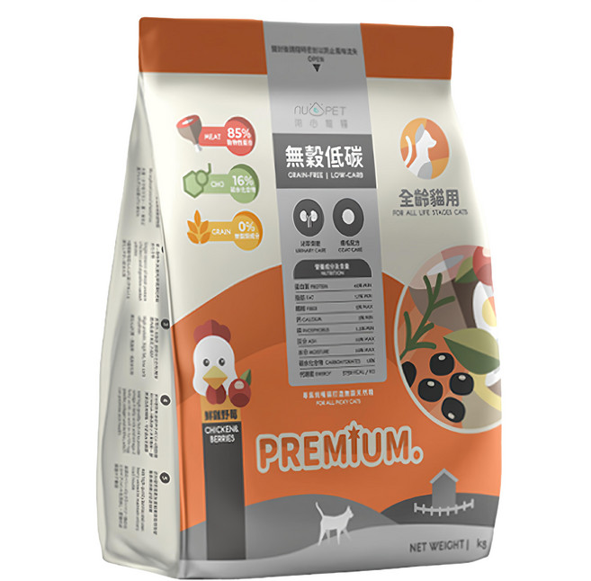 nu4PET 陪心寵糧 全齡貓 無穀低碳貓糧 鮮雞野莓, 1袋, 1kg, 泌尿道保健 爆毛配方