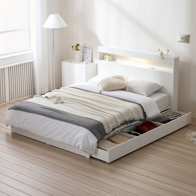 서울소호 트리플 LED 수납 침대프레임 + 파워 본넬 양면 퀸 매트리스 세트 방문설치, 화이트(프레임), 화이트(매트리스)