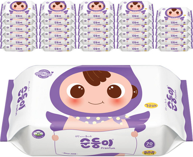 순둥이 프리미엄 엠보싱 물티슈 리필형, 65g, 70매, 30개