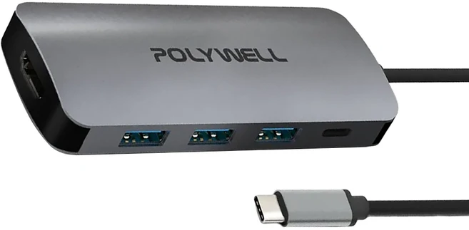 POLYWELL 寶利威爾 Type-C七合一集線器 HUB 100W PD快充 5G HDMI SD TF PW15-T02-A054, 灰色 + 黑色, 1個
