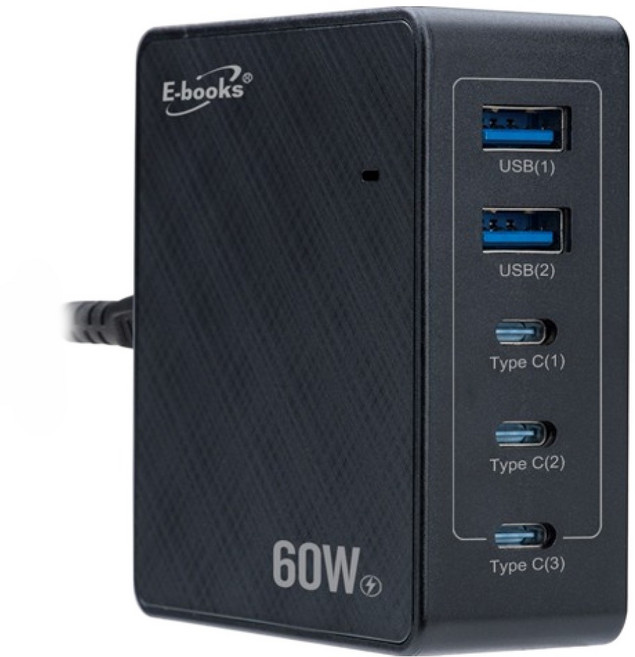 E-books B76 60W長線型五孔快速充電器 + 100W 鋁合金C to C快充傳輸線組, 1組