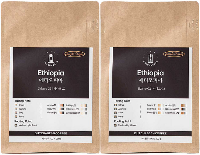 더치앤빈 싱글 오리진 에티오피아 시다모 G2 원두, 200g, 모카포트(중간~고움), 2개