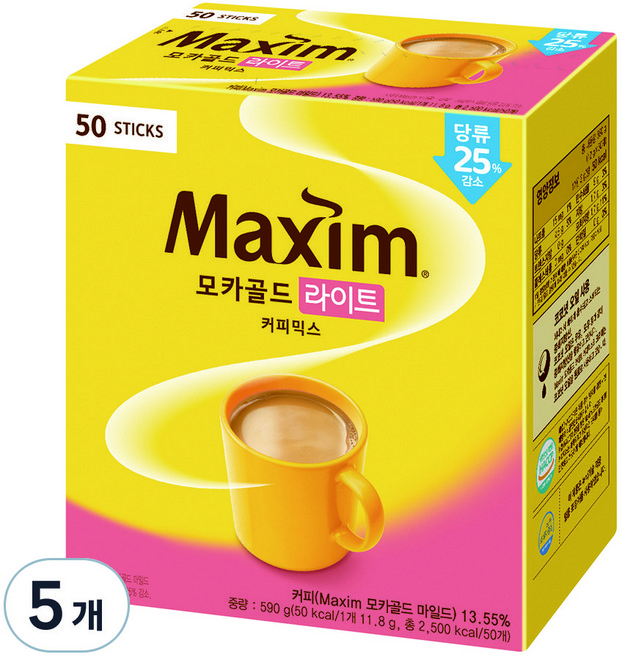 맥심 모카골드 라이트 커피믹스 590g, 11.8g, 50개입, 5개