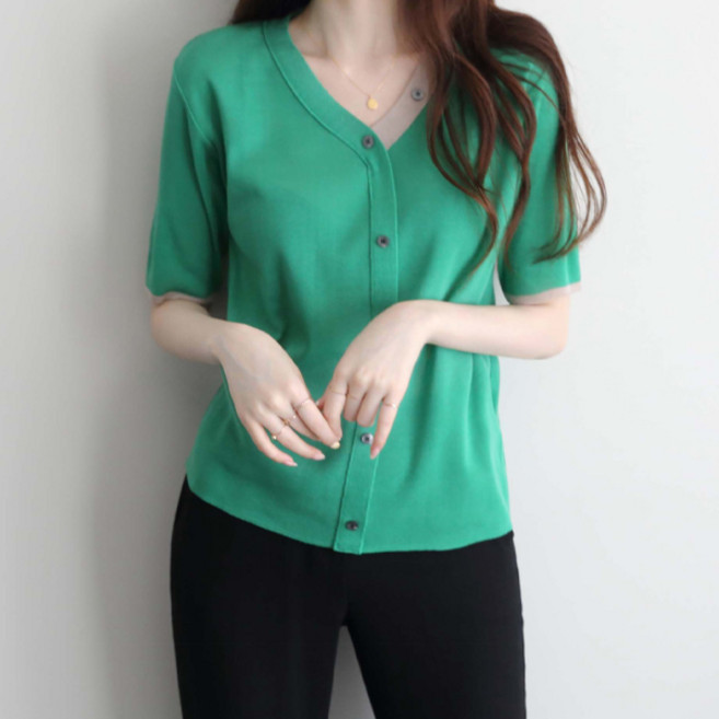 JENIT 女款拼色V領短袖針織衫