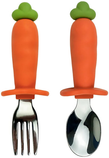 PiYOPiYO 黃色小鴨 鉑金矽膠316不鏽鋼學習蘿蔔湯叉組 防護檔片 矽膠握柄, 學習湯匙 + 叉子, 橘色, 1組
