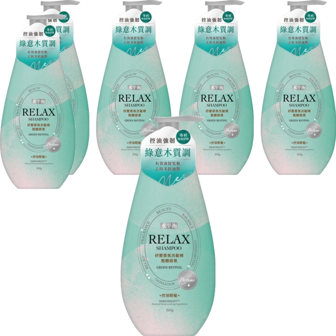 水平衡 RELAX 紓壓香氛洗髮精 控油韌髮 甦醒綠意, 6個, 500g