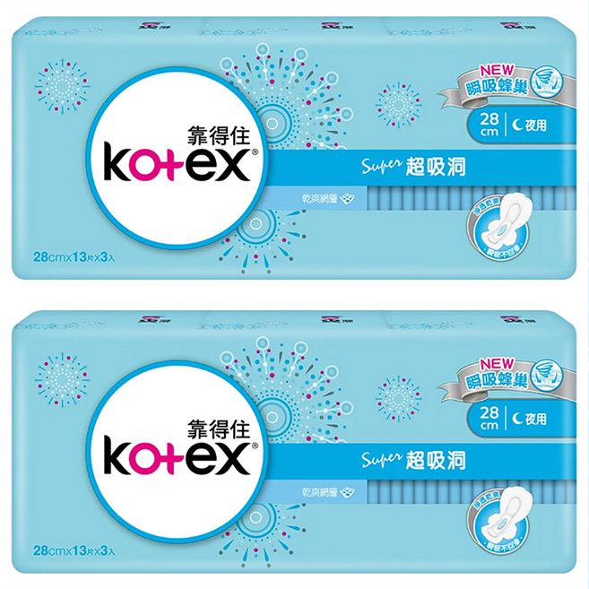 Kotex 靠得住 超吸洞 夜用超薄衛生棉 護翼型, 28cm, 39片, 2包
