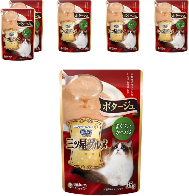 유니참긴노스푼 유니참 고양이 미쓰보시 구루메 포타쥬, 혼합색(참치/가다랑어맛), 35g, 6개 - 쿠팡