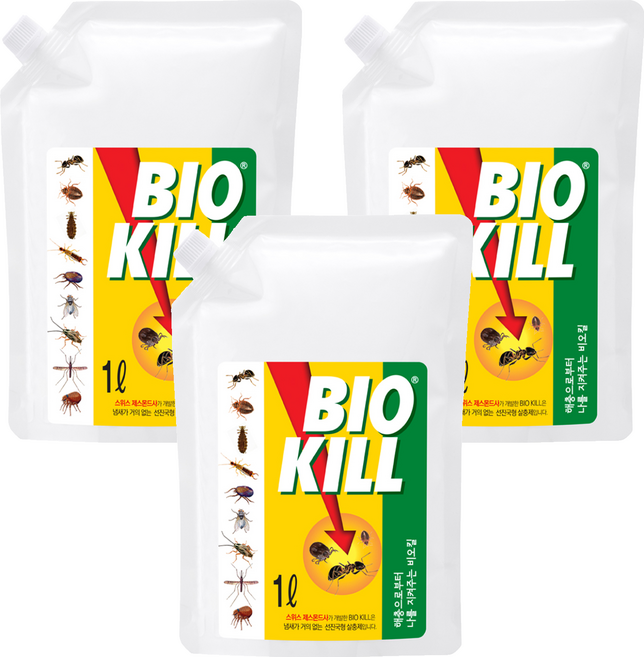 비오킬 빈대 베드버그 진드기 날파리 살충제 리필용 파우치, 1L, 3개