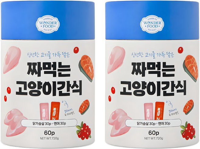 원더푸드 짜먹는 고양이 간식 60p, 혼합맛(닭가슴살/연어), 720g, 2세트