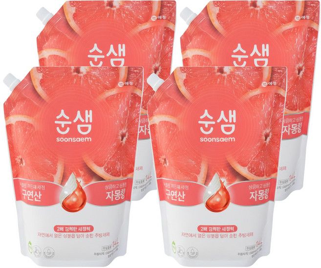 Soonsaem 檸檬酸 x 葡萄柚 蔬果碗盤洗潔精補充包, 1.4L, 4包