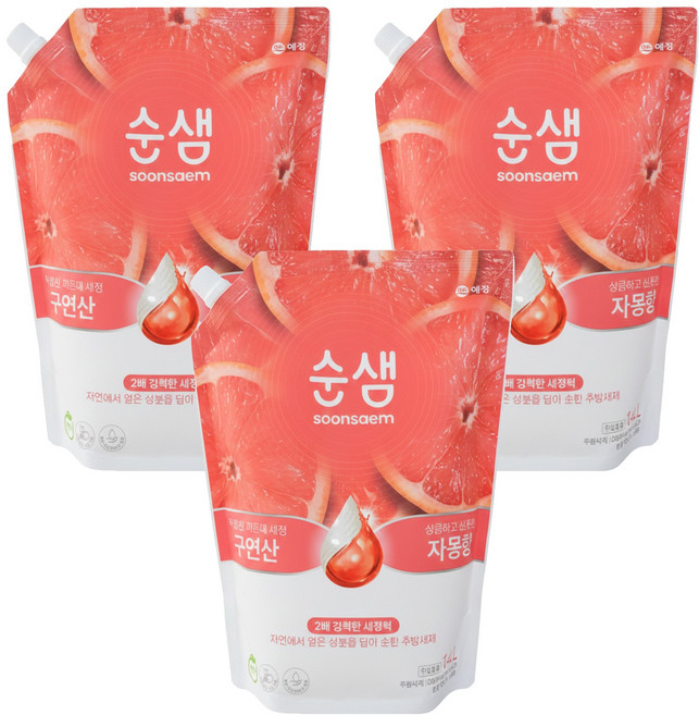 Soonsaem 檸檬酸 x 葡萄柚 蔬果碗盤洗潔精補充包, 1.4L, 3包