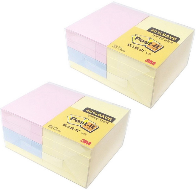 포스트잇 노트 알뜰팩 656-10A, 노랑 + 분홍 + 파랑, 1000매, 2개