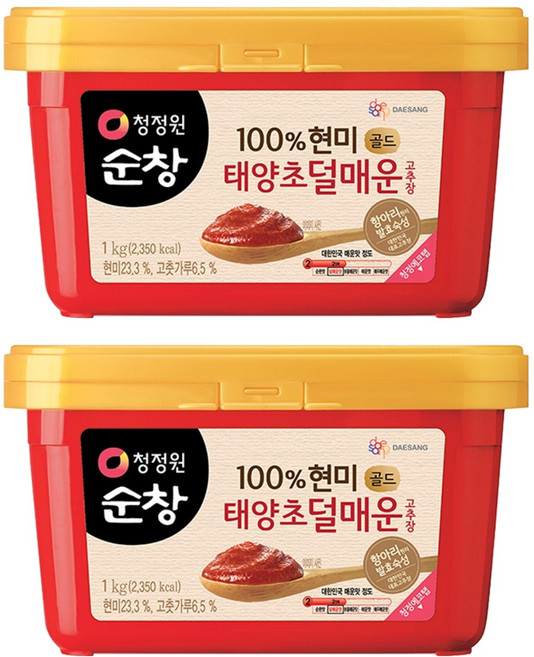 청정원순창 100% 현미 골드 태양초 덜매운 고추장, 1kg, 2개
