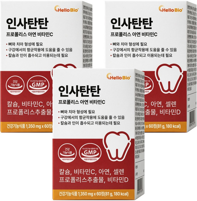 헬로바이오 인사탄탄 프로폴리스 아연 비타민C, 3개, 60정