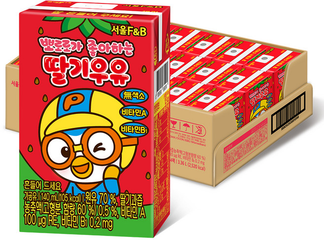 Seoul F&B Pororo孩童草莓牛奶, 140ml, 24瓶