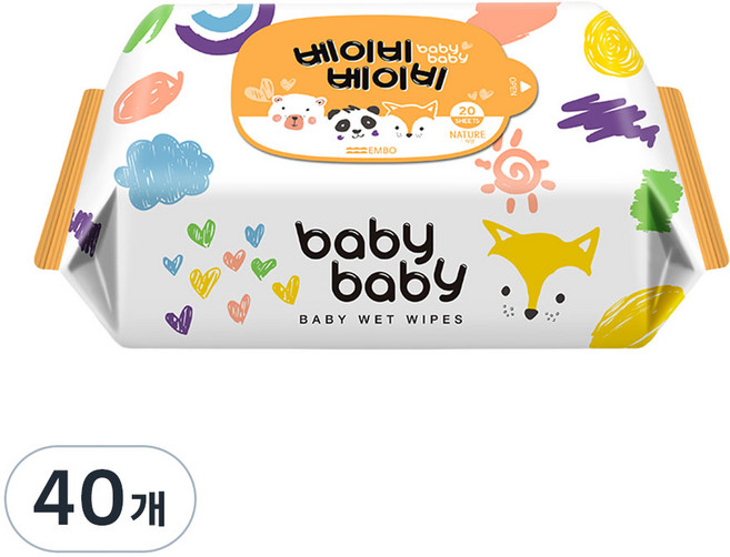 베이비베이비 아기 물티슈 휴대용 리필형, 62g, 20매, 40개