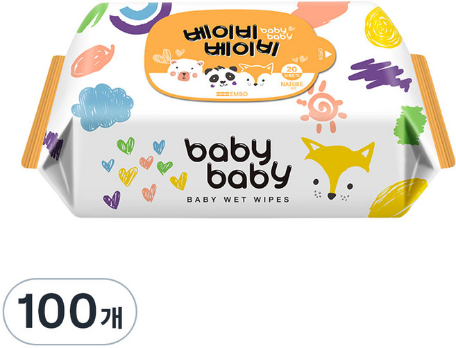 베이비베이비 아기 물티슈 휴대용 리필형, 62g, 20매, 100개