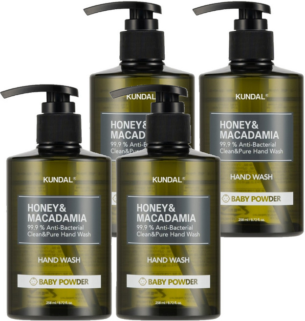 쿤달 허니 앤 마카다미아 클린 앤 퓨어 핸드워시 베이비파우더, 258ml, 4개