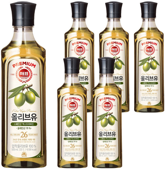 해표 압착 올리브유, 500ml, 6개