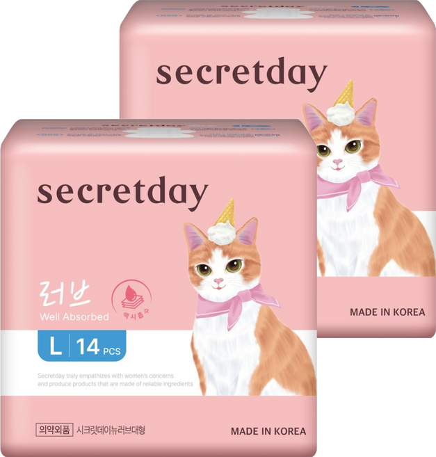 시크릿데이 NEW 러브 맥시흡수 생리대 날개형, 대형, 14개입, 2세트