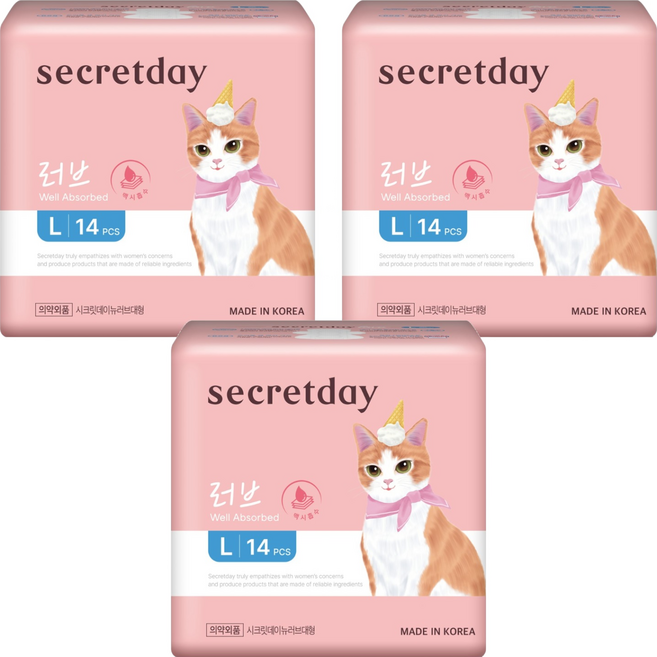 secretday NEW Love 極致吸收衛生棉 蝶翼型, 3套, 大型, 14入