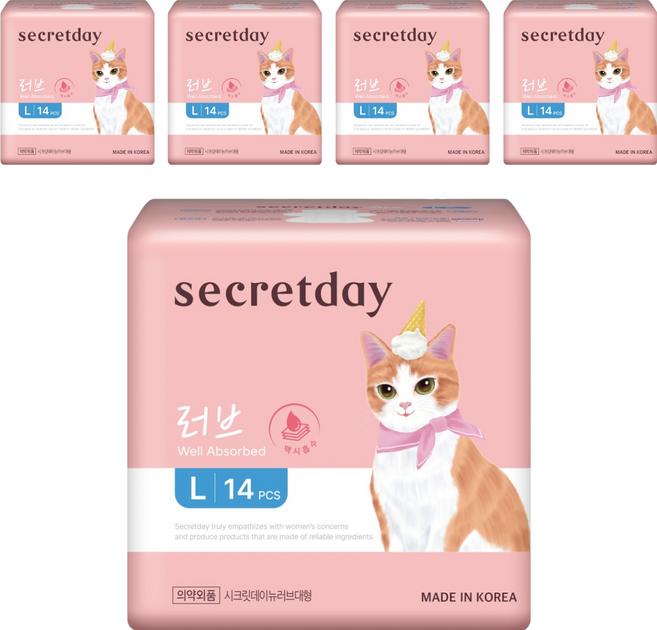 secretday NEW Love 極致吸收衛生棉 蝶翼型, 5套, 大型, 14入