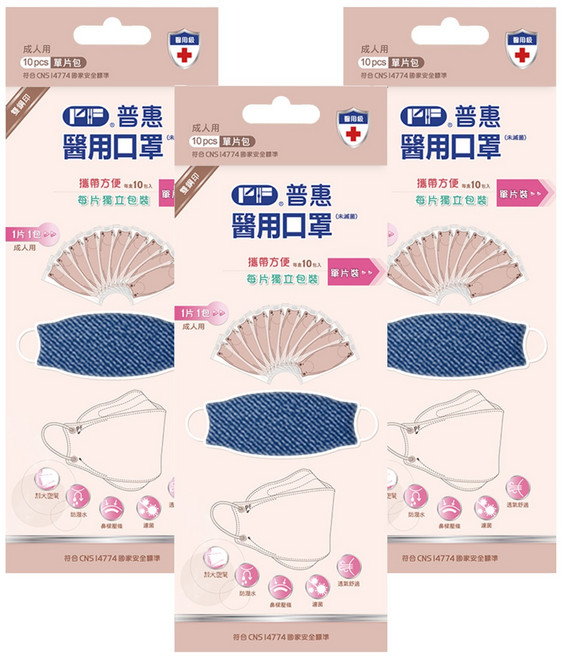 PERFECT 普惠醫工 韓版KF94 醫用口罩 成人款, 丹寧藍, 10片, 3盒