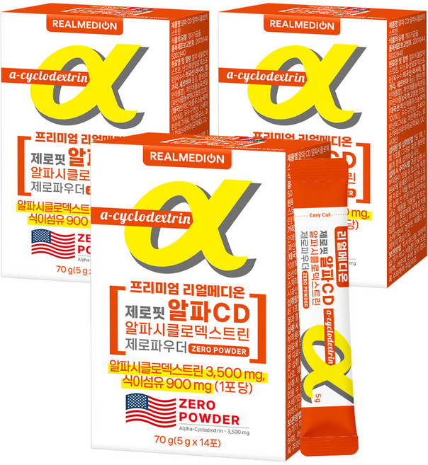 리얼메디온 제로핏 알파 CD 알파시클로덱스트린 제로파우더 난소화성말토덱스트린 14p, 3개, 70g