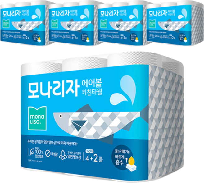 모나리자 에어볼 천연펄프 롤 키친타올, 150매, 30개
