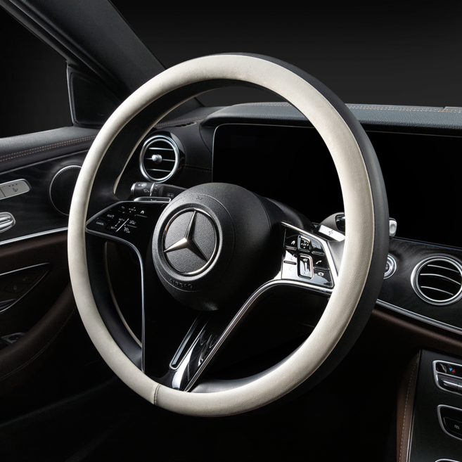 메이튼 리얼 투톤 자동차 가죽 핸들커버, 블랙 + 베이지