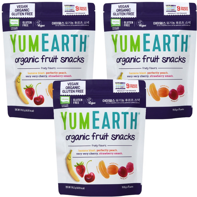 야미얼스 유기농 후르츠 스낵 젤리, 혼합맛(바나나/체리/복숭아/딸기), 178.2g, 3개