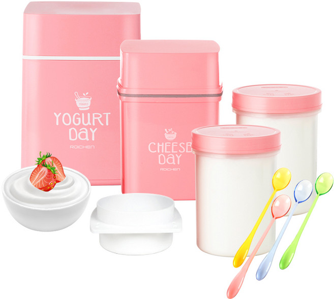 로이첸 요거트메이커+치즈메이커+컬러롱스푼4P, 핑크, 1세트