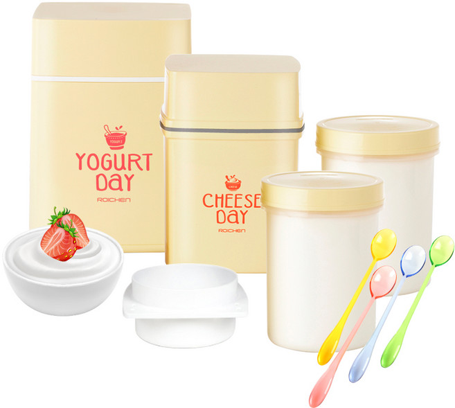 로이첸 요거트메이커+치즈메이커+컬러롱스푼4P, 옐로우, 1세트