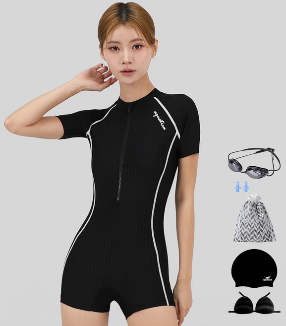 아쿠아티카 여성용 반팔 원피스 2부 수영복 AQA27515 + 선수용 수경 6종세트